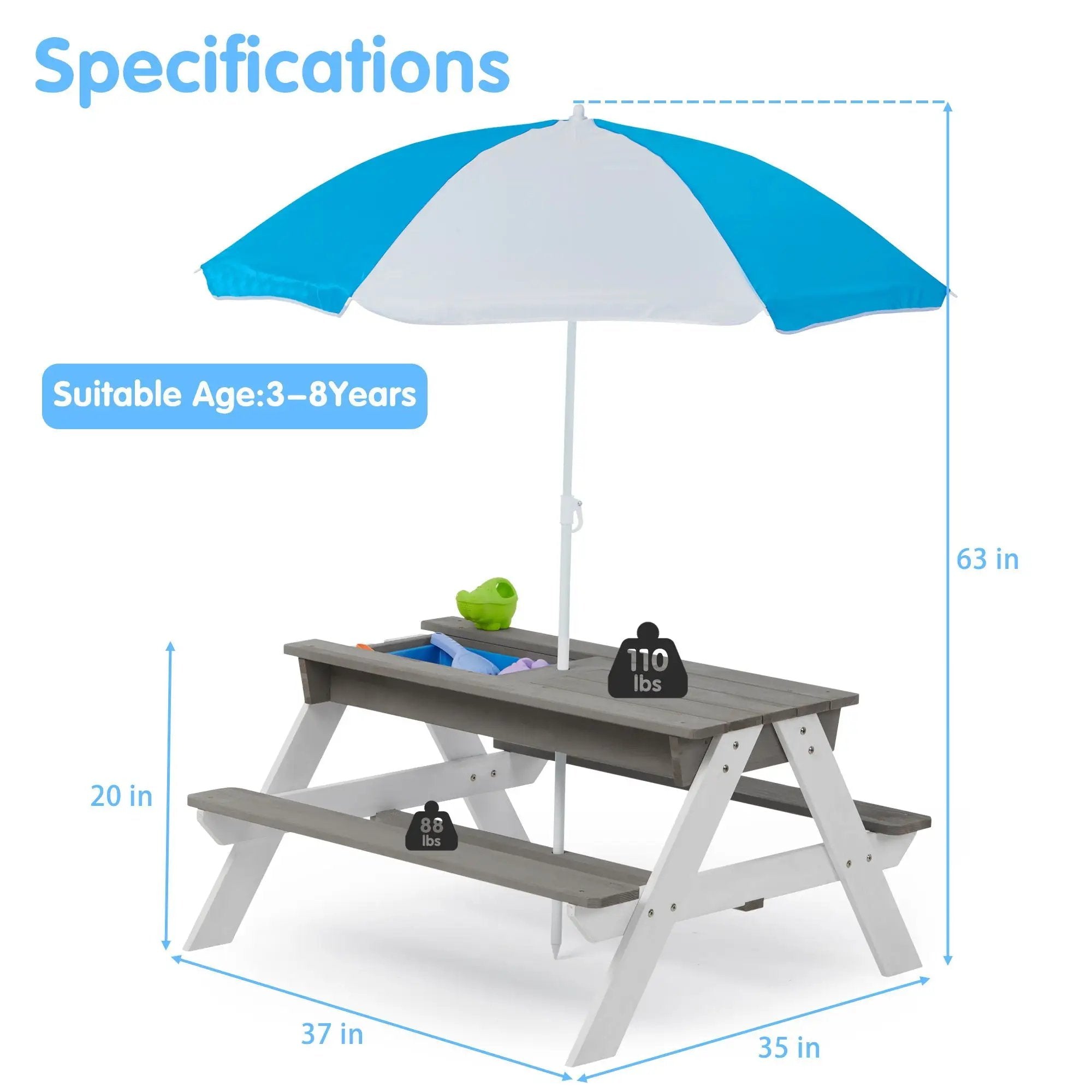 3-In-1 Kids Outdoor Wooden Picnic Table With Umbrella, Convertible Sand & Water, ASTM & CPSIA Certification by Unique Piece Furniture
