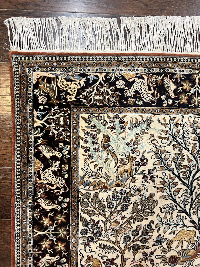 Persian Qum Tree of Life Rug 5x7, Wool and Silk Highlights, Animal Motifs, Vintage Hand Knotted Handmade Cream & Black Fine Oriental Carpet by Jewel Rugs
