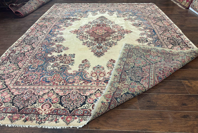 Persian Sarouk Rug 9x12, Ivory & Blue, Semi Open Field by Jewel Rugs