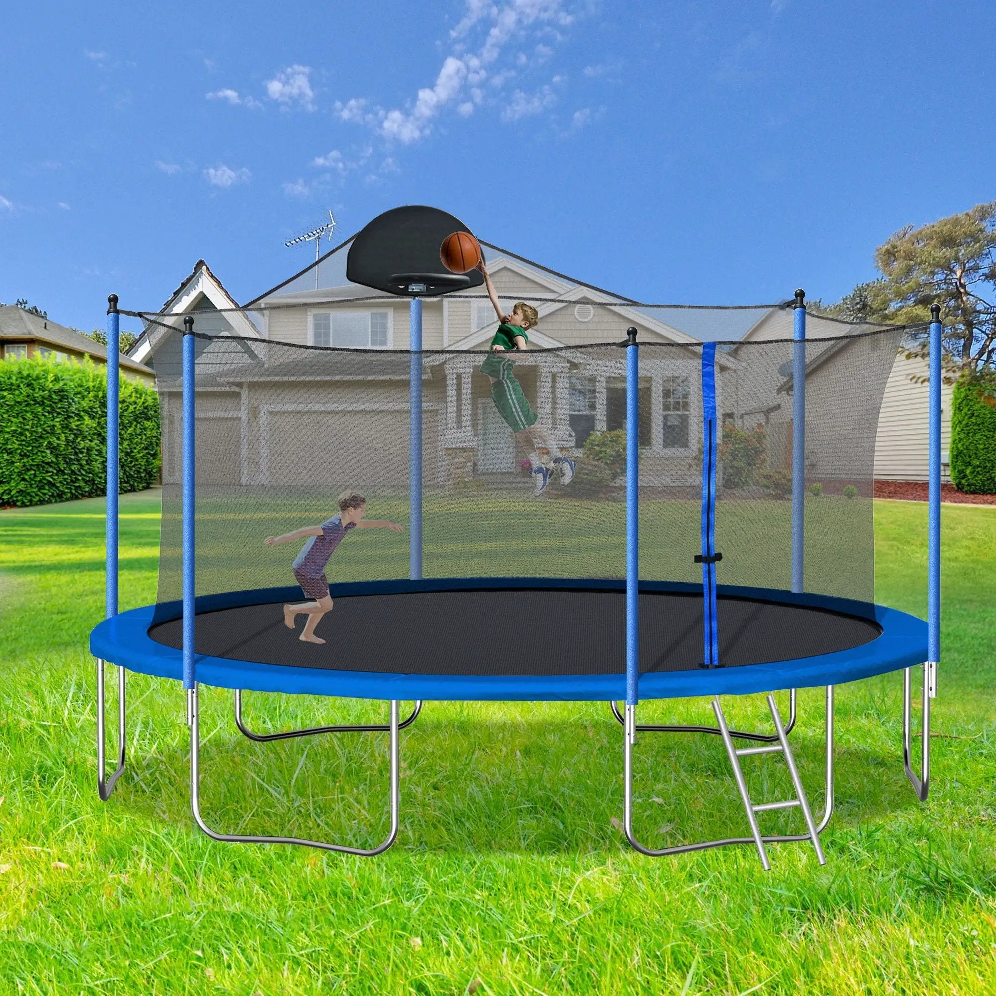 14Ft Trampoline For Adults & Kids With Basketball Hoop, Outdoor Trampolines With Ladder And Safety Enclosure Net For Kids And Adults - Blue by HouseOfZazla