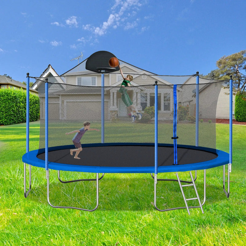 14Ft Trampoline For Adults & Kids With Basketball Hoop, Outdoor Trampolines With Ladder And Safety Enclosure Net For Kids And Adults, Double-Side Color Cover - Blue by HouseOfZazla