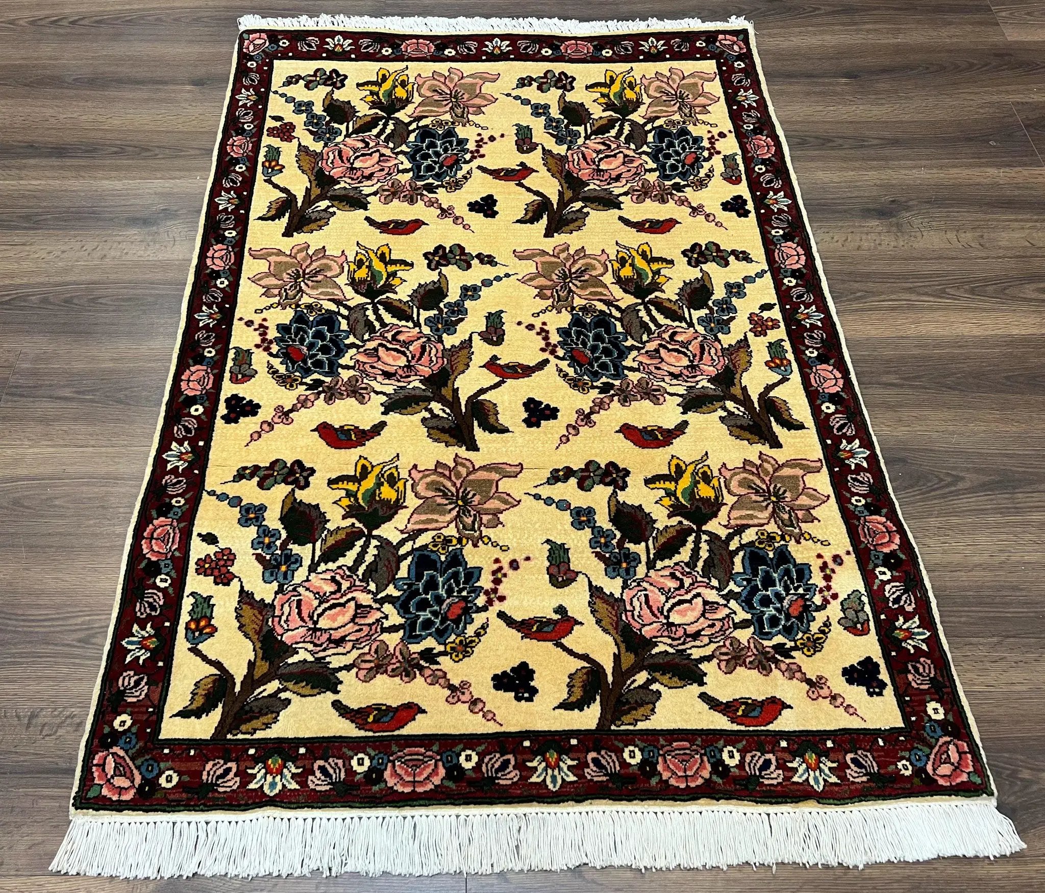 Persian Bidjar Rug 3.6 x 5 ft, Repeated Floral Motifs, Roses and Birds, Cream Burgundy, Fine Wool Oriental Bijar Carpet, Vintage Traditional Area Rug by Jewel Rugs