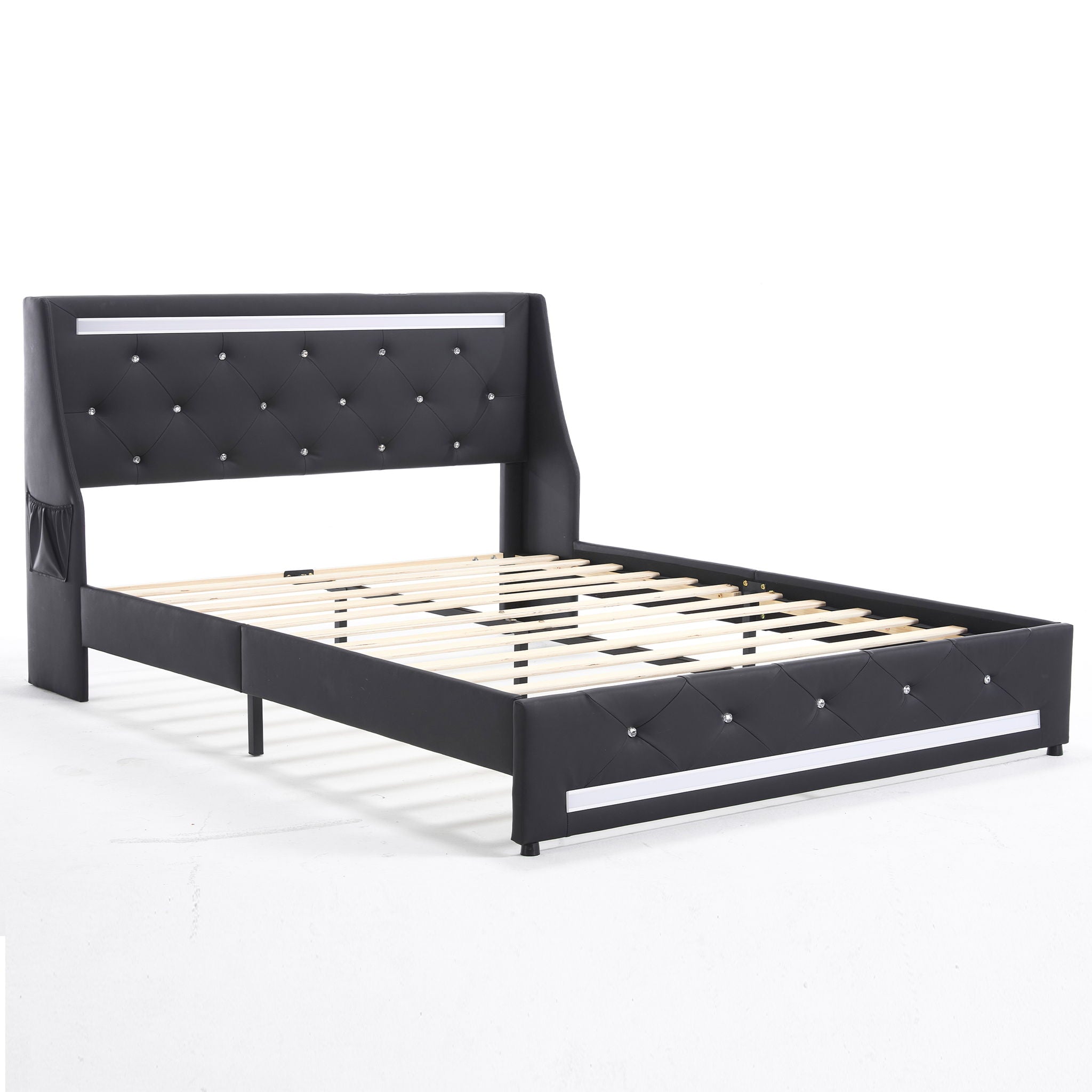 Wingback Upholstered Bed Frame With LED Lights, Charging Station by HouseOfZazla