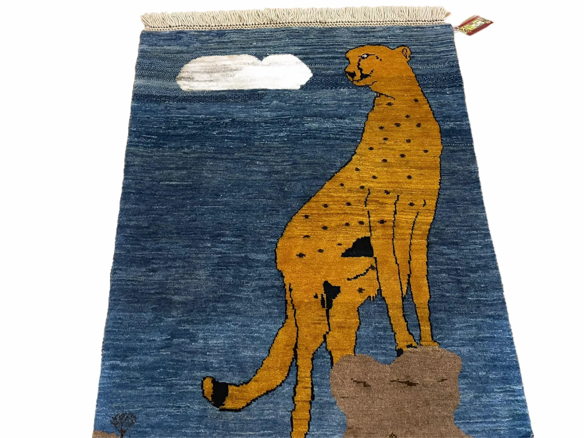 3 x 5 Handmade New Vintage Wool Blue Rug Leopard Lion Jaguar Deer Organic Dyes by Jewel Rugs