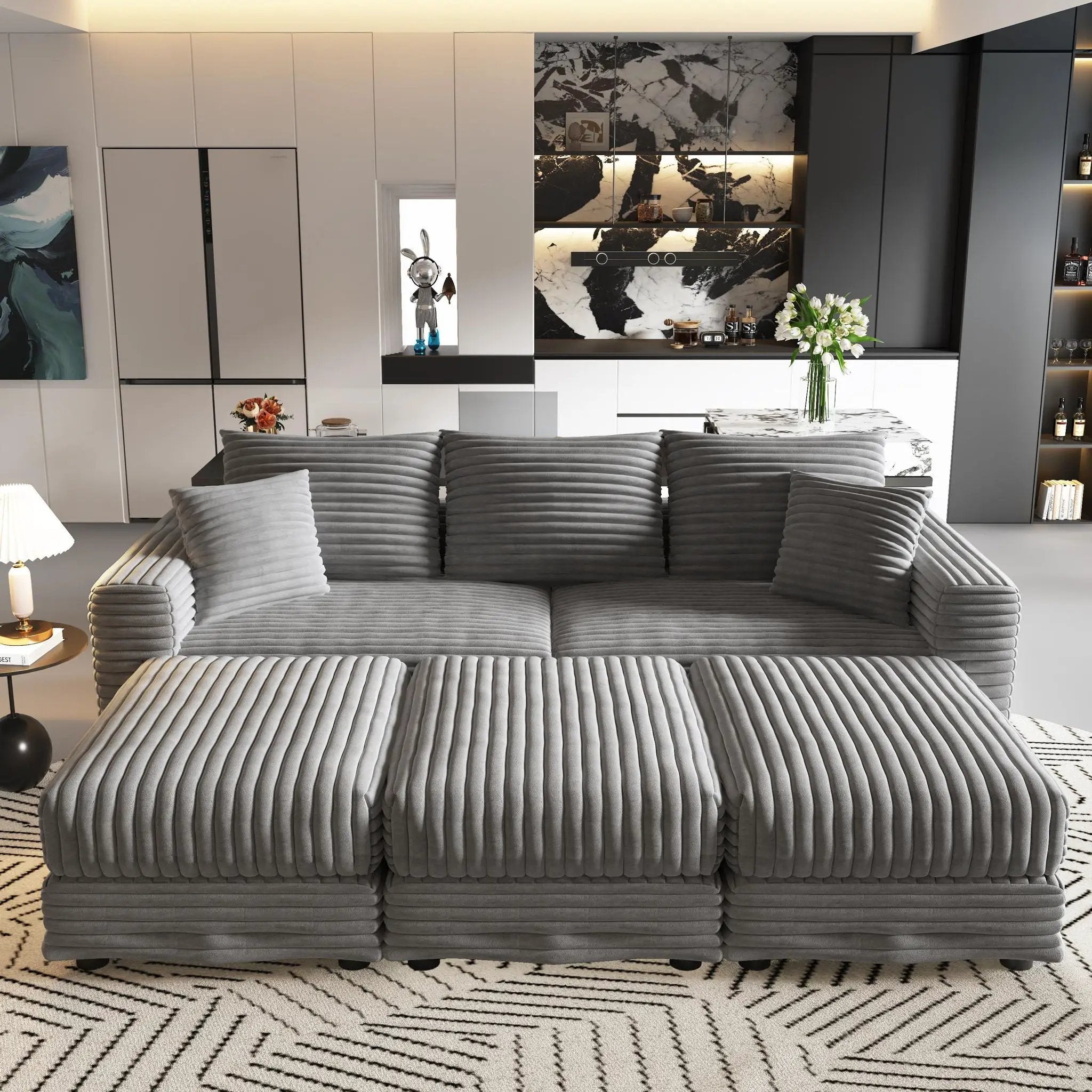 Convertible Deep Seat Sofa With Soft Pillows And Ottomans