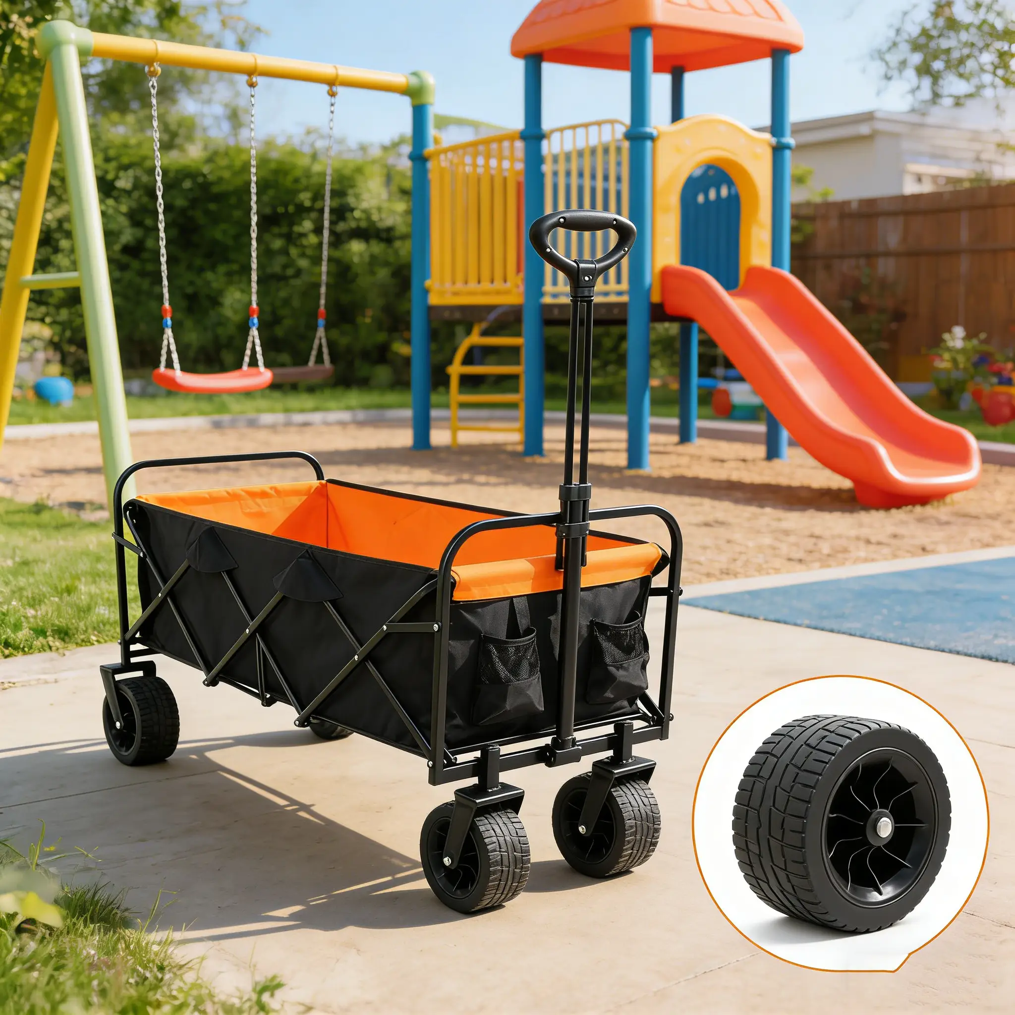 Big Large Capacity Folding Wagon Cart with Extender (Black + Orange) by HouseOfZazla