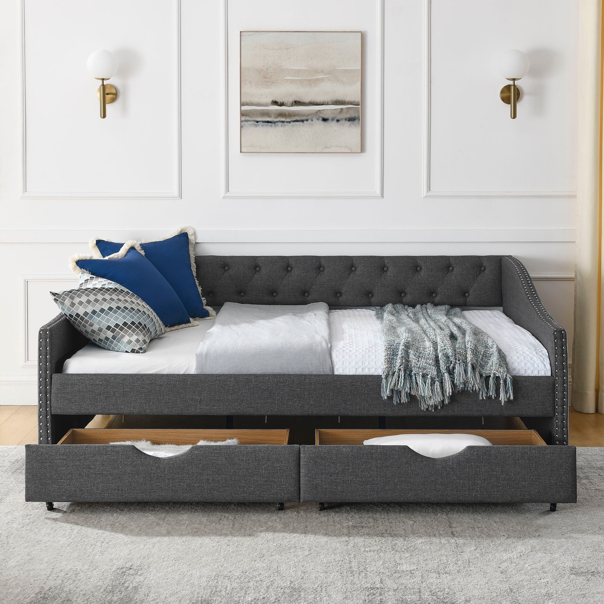 Upholstered Tufted Daybed With 2 Drawers, Waved Arms by Unique Piece Furniture