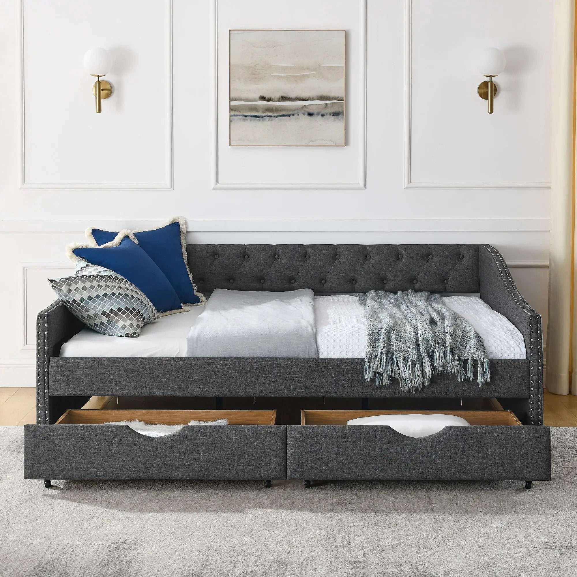 Upholstered Tufted Daybed With Drawers, Waved Arms by Unique Piece Furniture