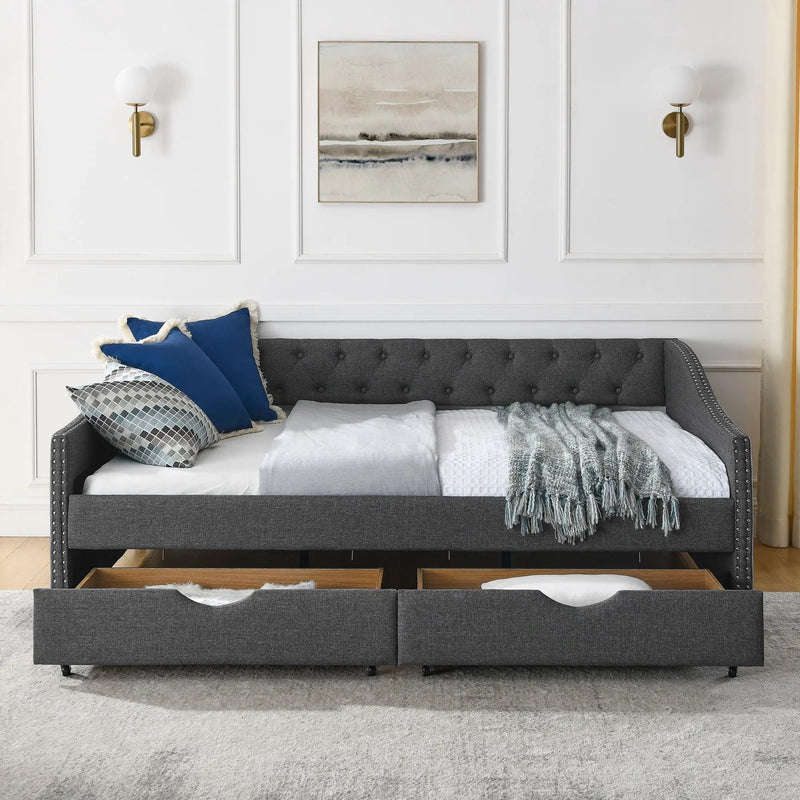 Upholstered Tufted Daybed With 2 Drawers, Waved Arms