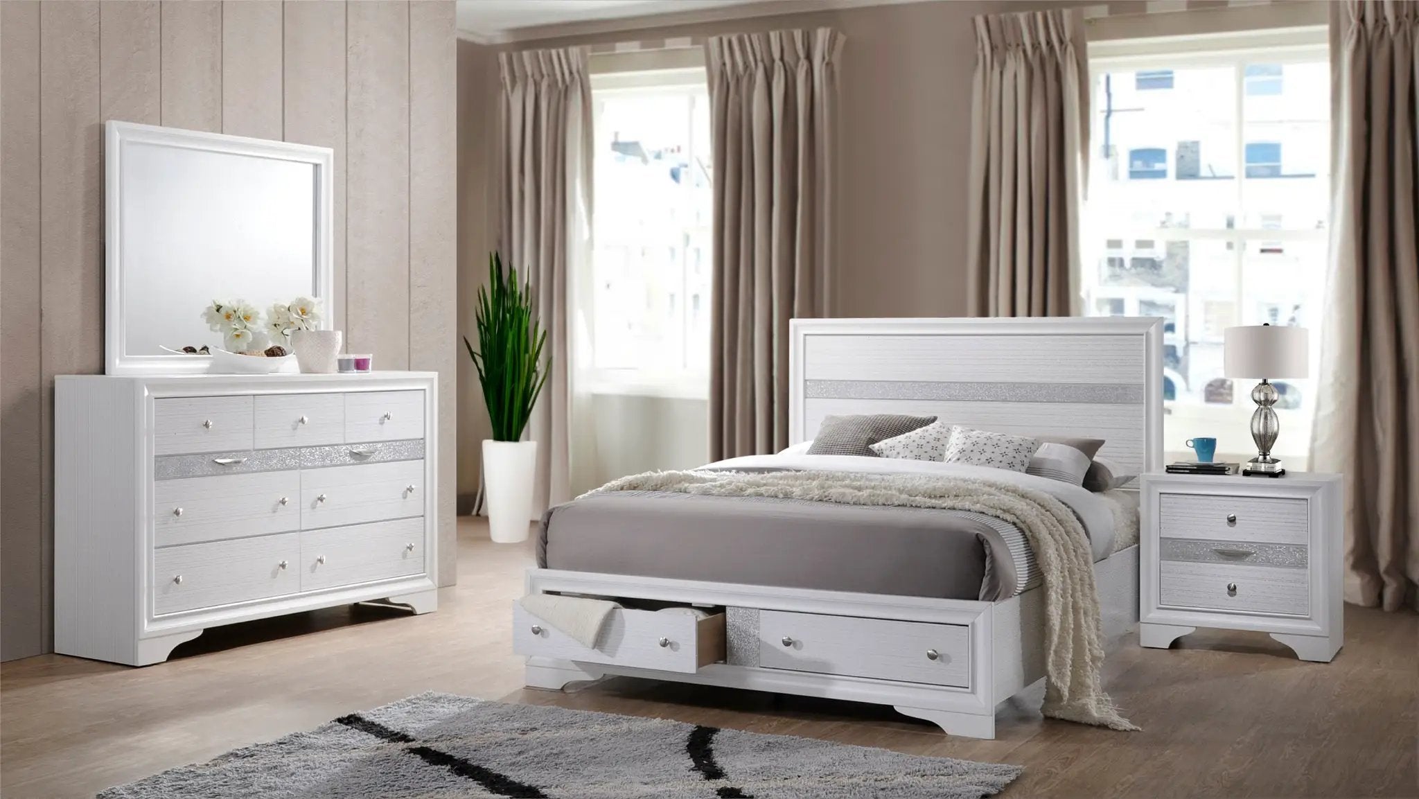 Traditional Style Queen 4 Pc Storage Bedroom Set Made with Wood in White by HouseOfZazla
