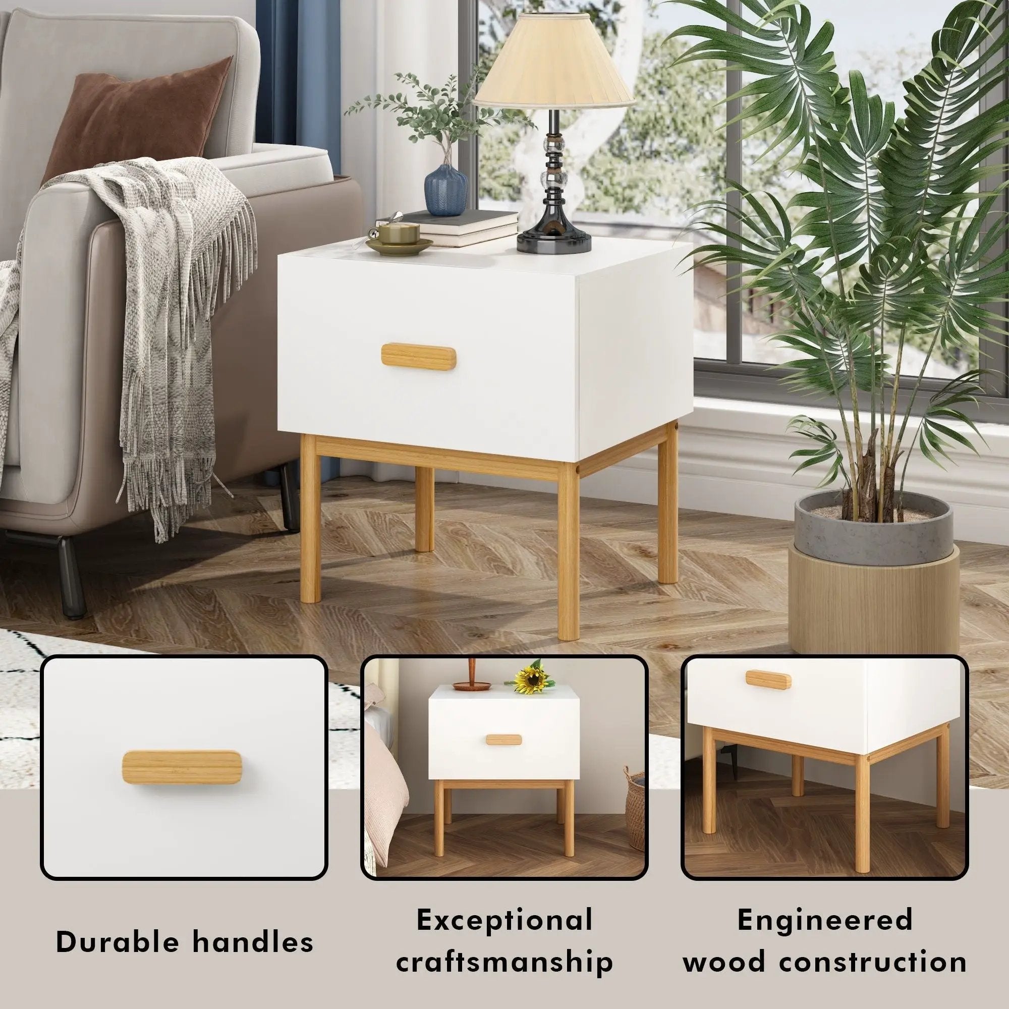 Nightstand With Drawer, Minimalist Bedside Table With Handle For Bedroom - White by Unique Piece Furniture