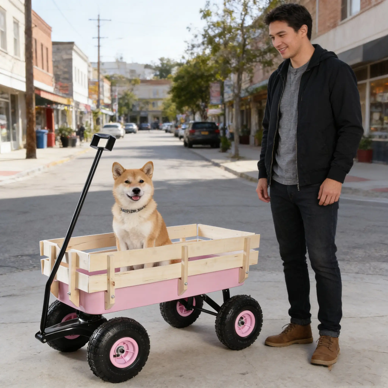 Outdoor All Terrain Garden Wagon with Wooden Railings and Pneumatic Tires by HouseOfZazla
