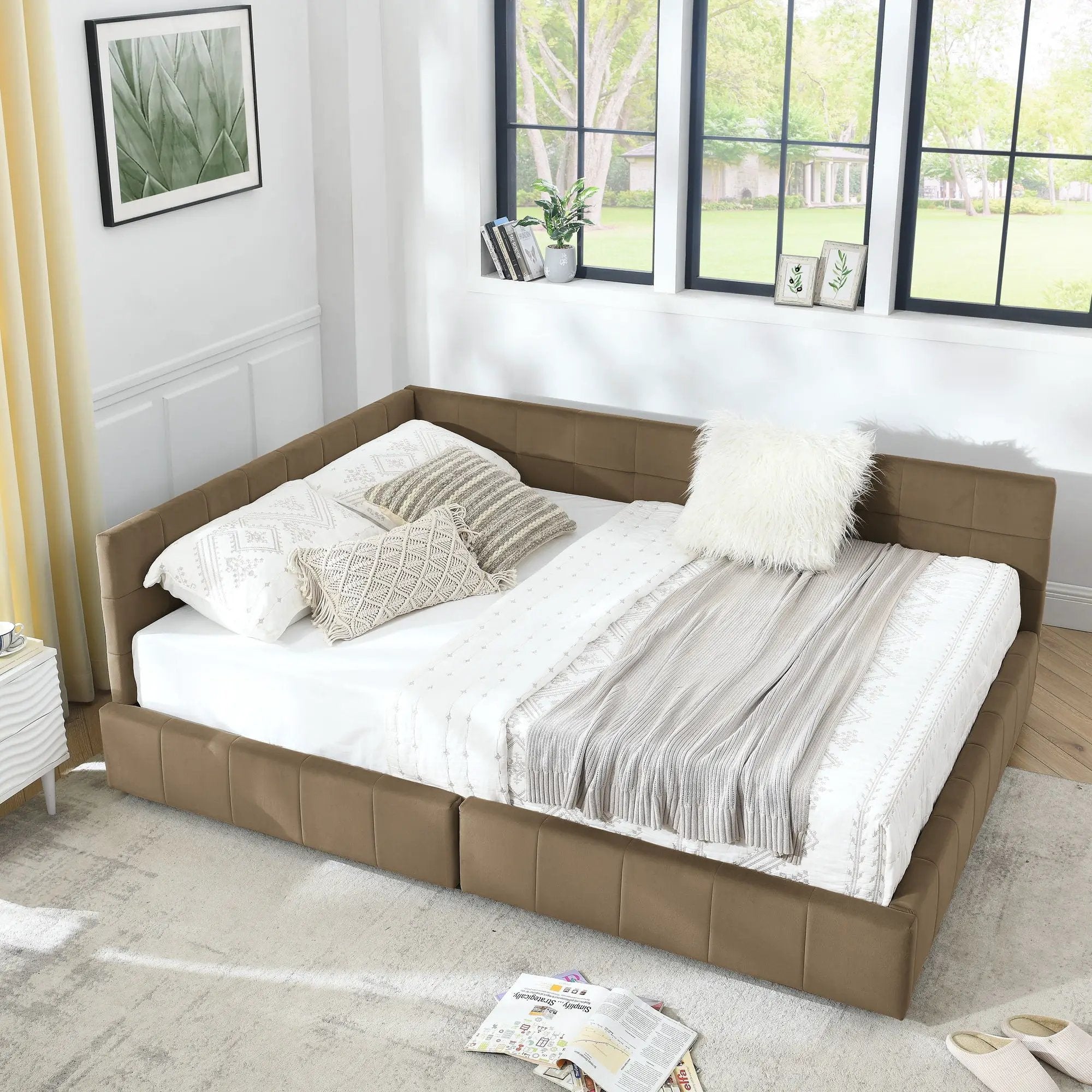 Mid-Century Storage Upholstered Tufted Bed Frame With Backrest And Armrests by Unique Piece Furniture