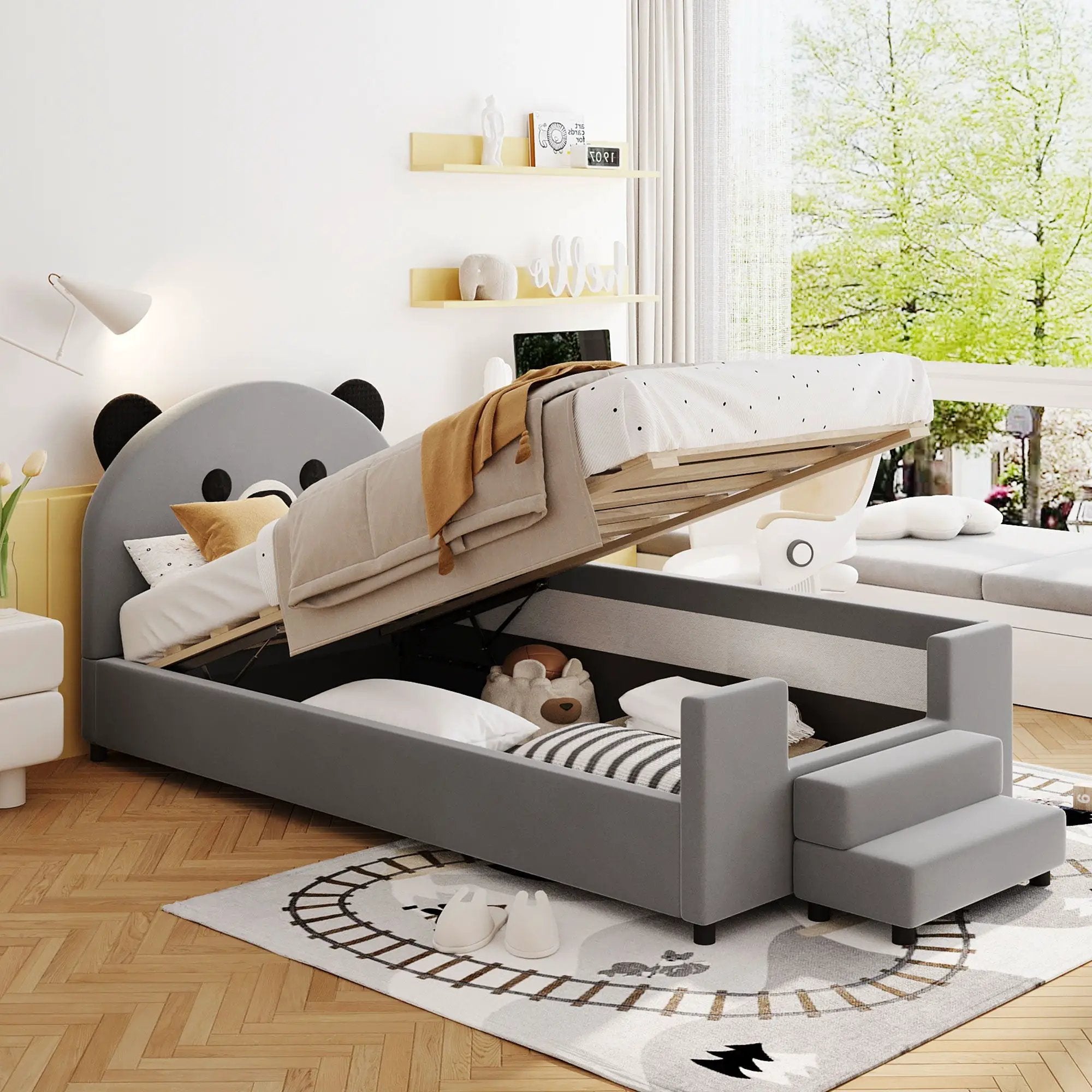 Upholstered Daybed With Bear Shaped Headboard, Hydraulic System And Breathable Fence by Unique Piece Furniture