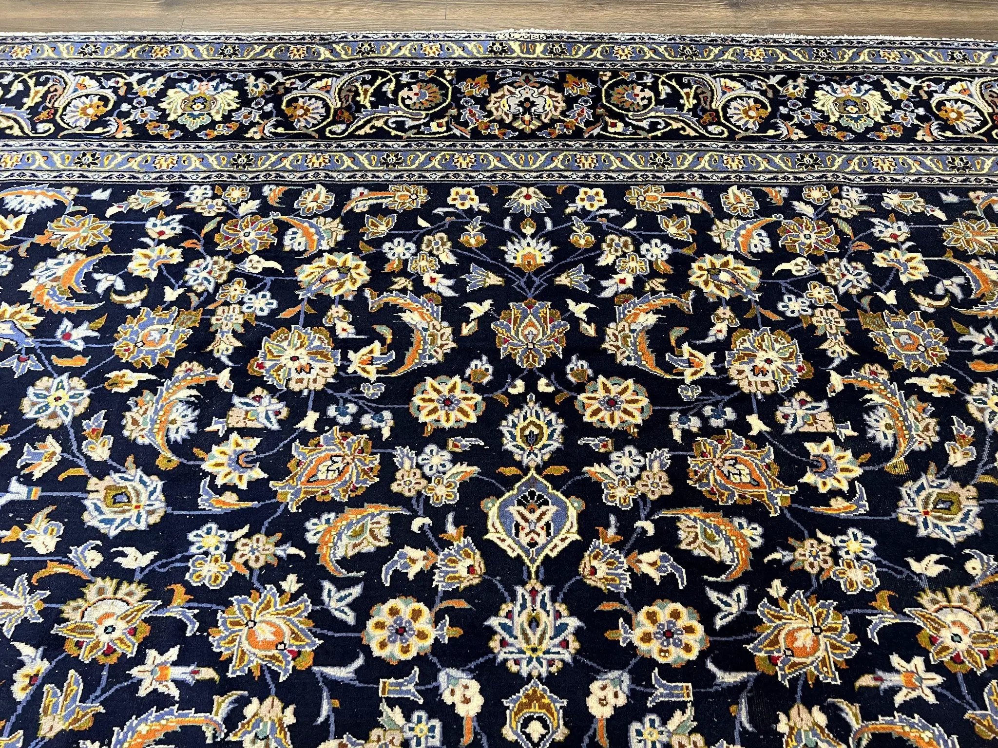 Wonderful Navy Blue Persian Kashan Rug 11x13, Allover Floral Design with Central Medallion, Wool Hand-Knotted Antique Carpet, Signed Rabani Rug by Jewel Rugs