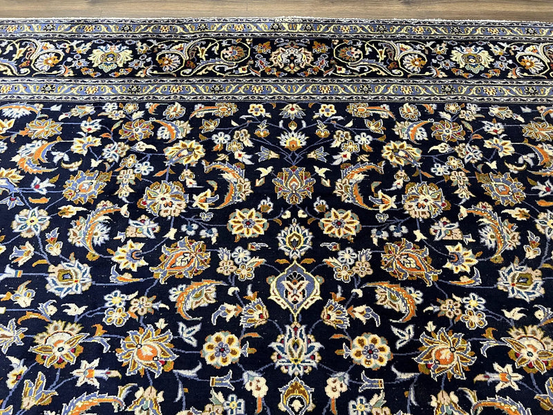 Wonderful Navy Blue Persian Kashan Rug 11x13, Allover Floral Design with Central Medallion, Wool Hand-Knotted Antique Carpet, Signed Rabani Rug by Jewel Rugs
