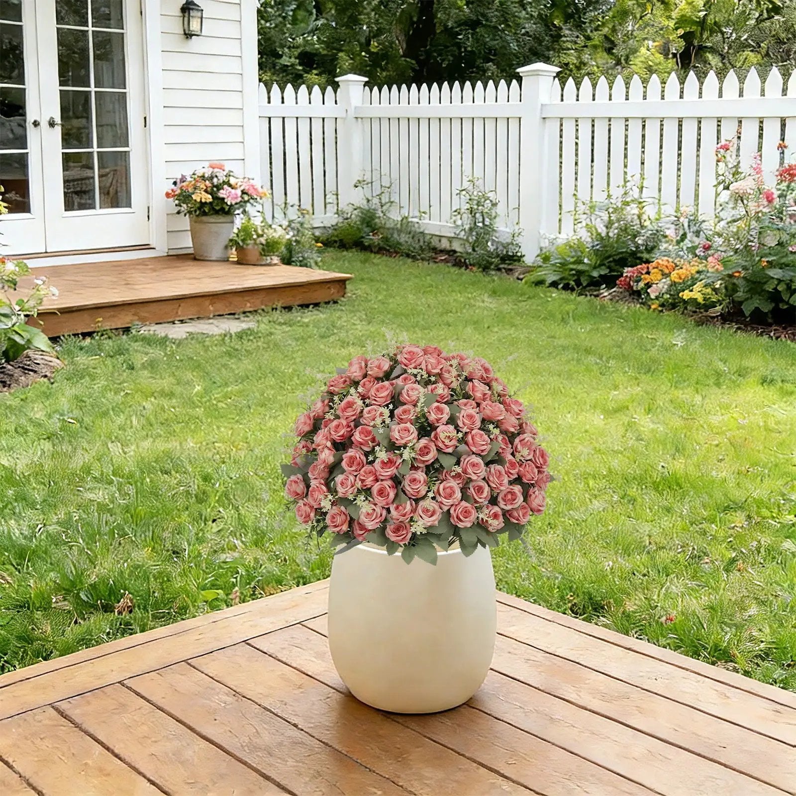 Artificial Rose Decoration With UV Resistant Silk Petals, Durable Stems In Cement Pot, Indoor Outdoor Potted Floral Arrangement - Green / Pink by Unique Piece Furniture