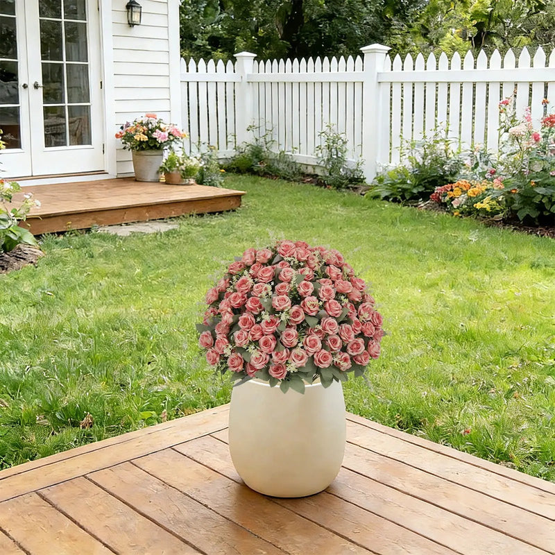 Artificial Rose Decoration With UV Resistant Silk Petals, Durable Stems In Cement Pot, Indoor Outdoor Potted Floral Arrangement - Green / Pink by HouseOfZazla
