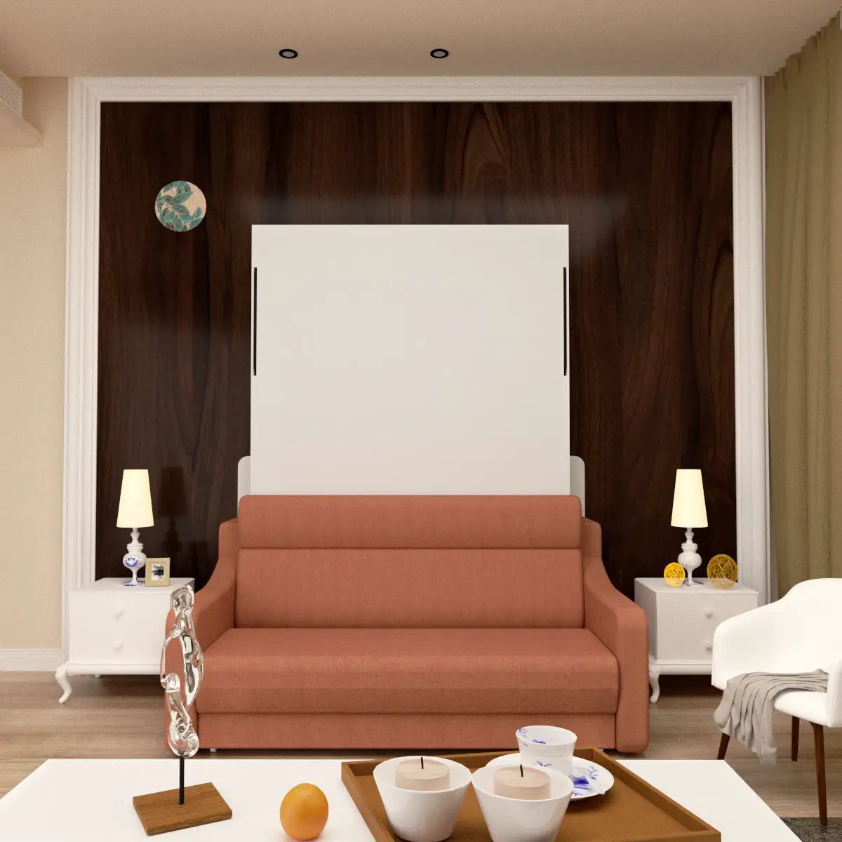 Morden Deisgn Vertical Murphy Bed With Sofa For Bedroom Or Guestroom White Wall Bed Space Saving Hidden Bed With New Style Gas Struts - Orange by Unique Piece Furniture