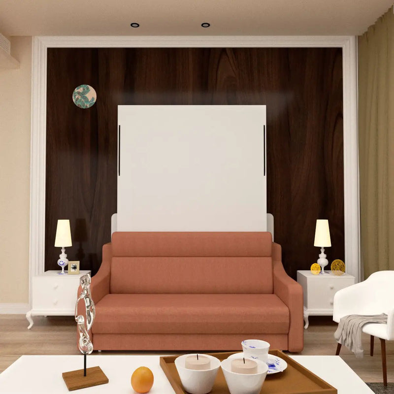 Morden Deisgn Vertical Murphy Bed With Sofa For Bedroom Or Guestroom White Wall Bed Space Saving Hidden Bed With New Style Gas Struts - Orange by HouseOfZazla