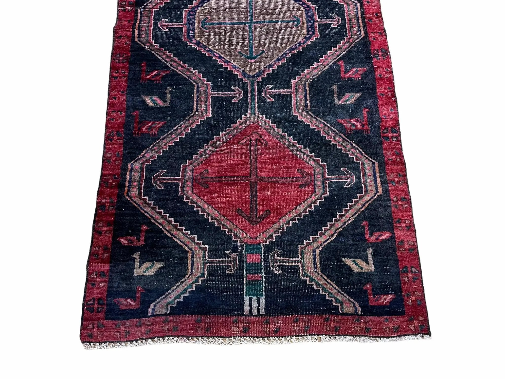 3 X 7 Handmade Wool Tribal Runner Rug Geometric Red Blue Boho Organic Dyes by Jewel Rugs