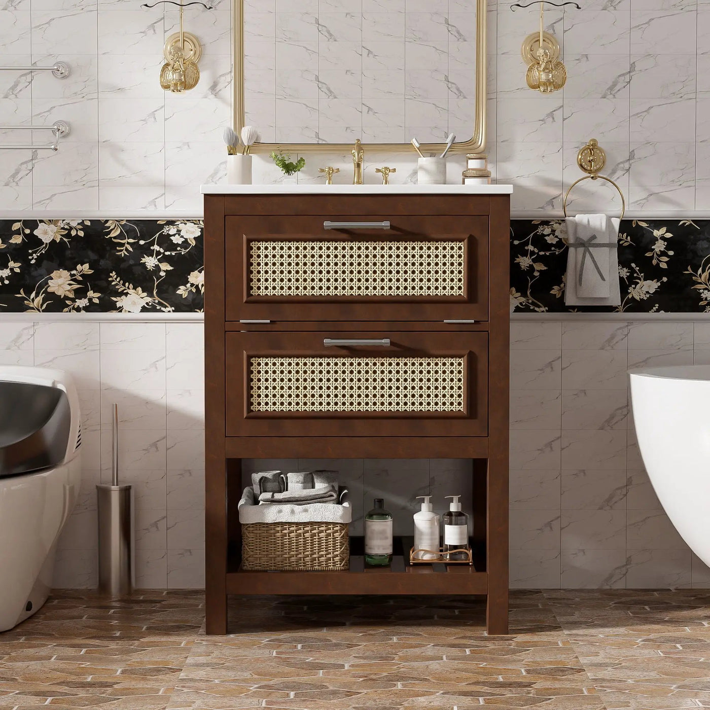 Modern Bathroom Vanity With Integrated Sink, Cabinet With 1 Deep Drawer And 1 Tip-Out Drawer by HouseOfZazla