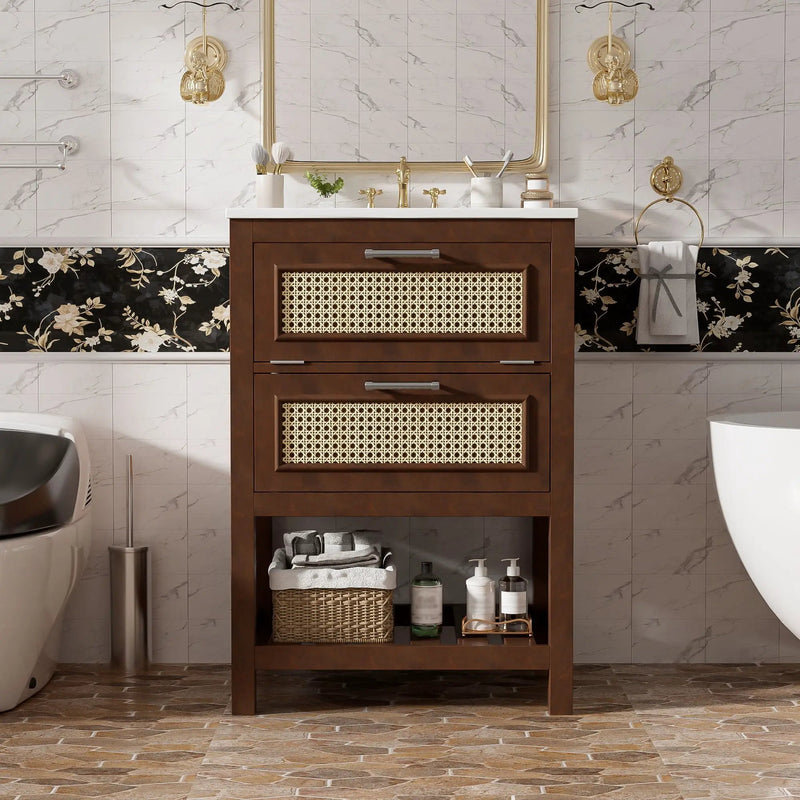 Modern Bathroom Vanity With Integrated Sink, Cabinet With 1 Deep Drawer And 1 Tip-Out Drawer by HouseOfZazla