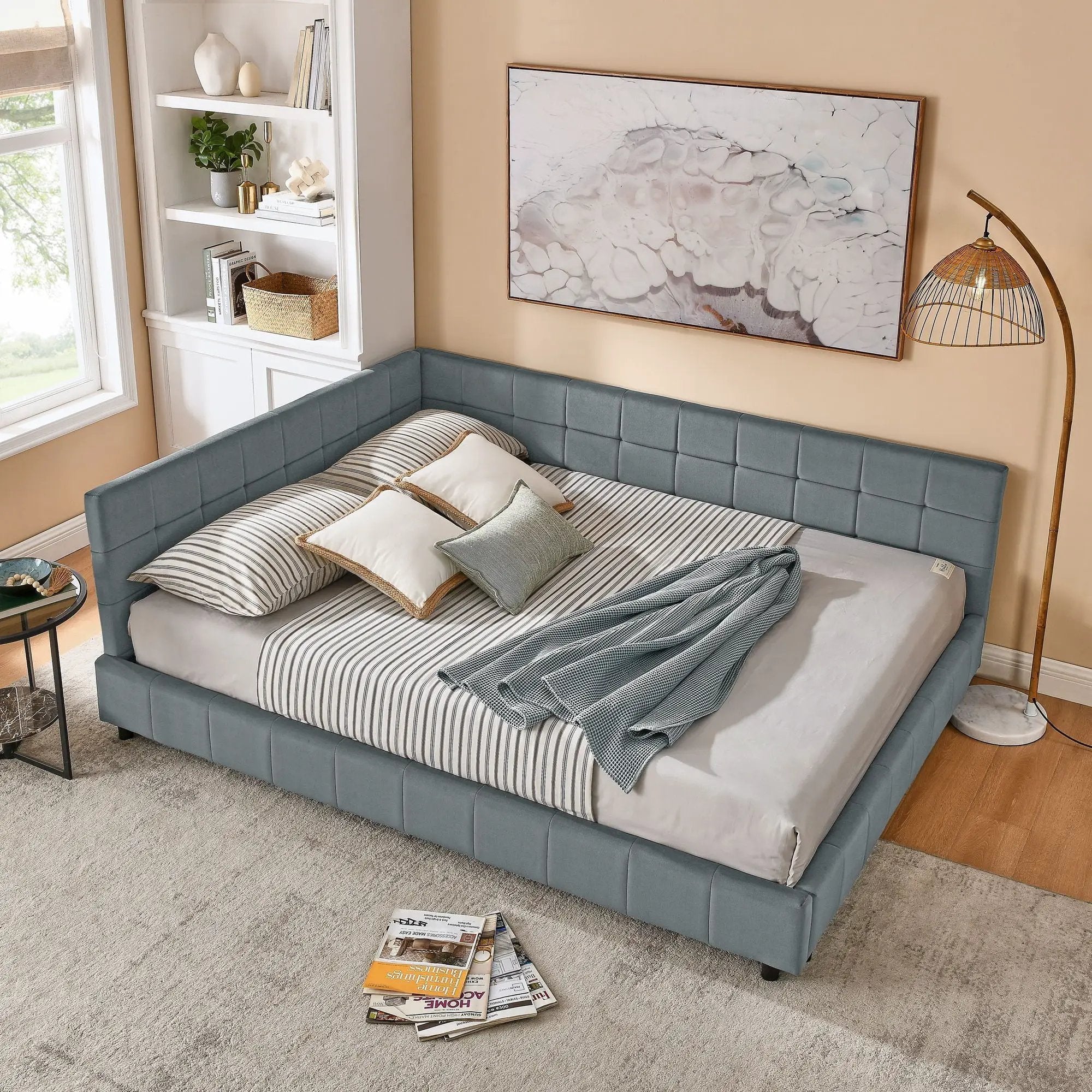 Mid-Century Storage Upholstered Tufted Bed Frame With Backrest And Armrests by HouseOfZazla