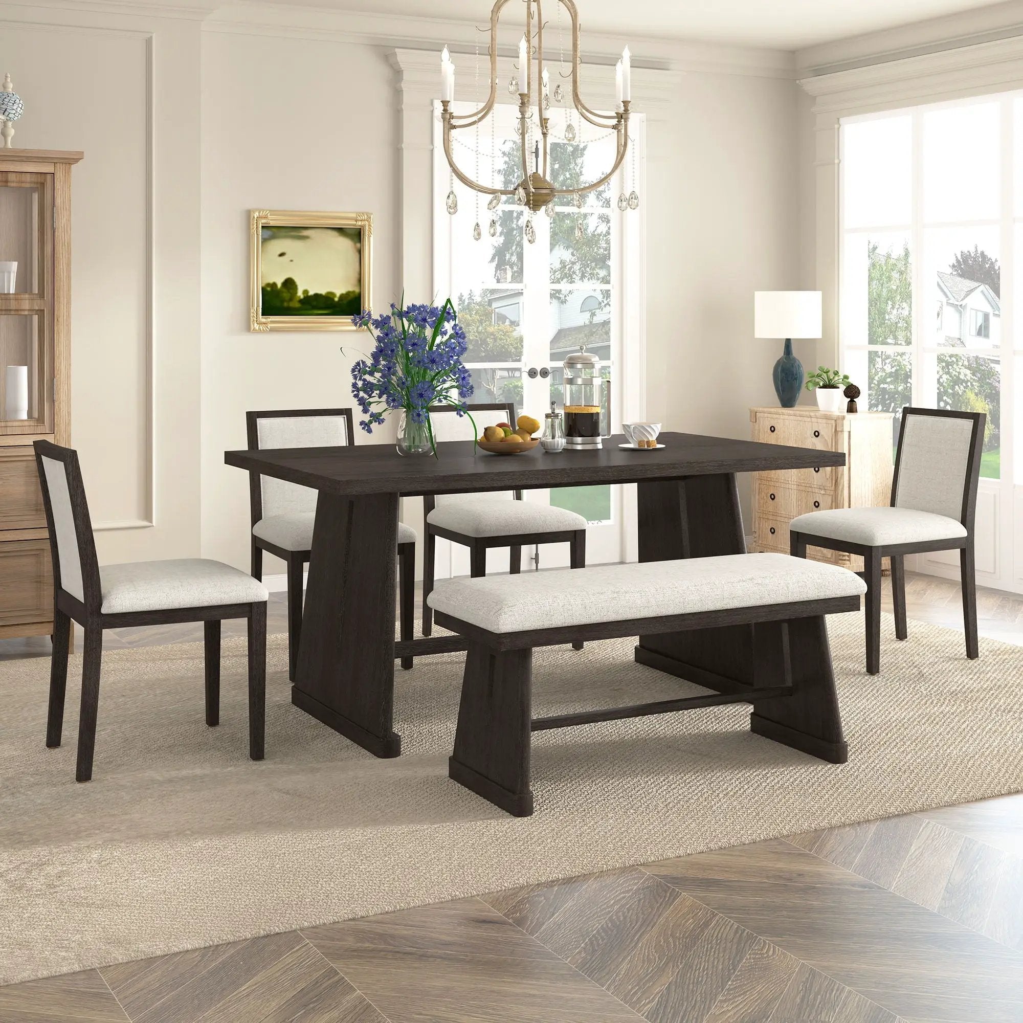 Dining Set With Rectangular Table, 4 Upholstered Chairs & 1 Padded Bench by Unique Piece Furniture
