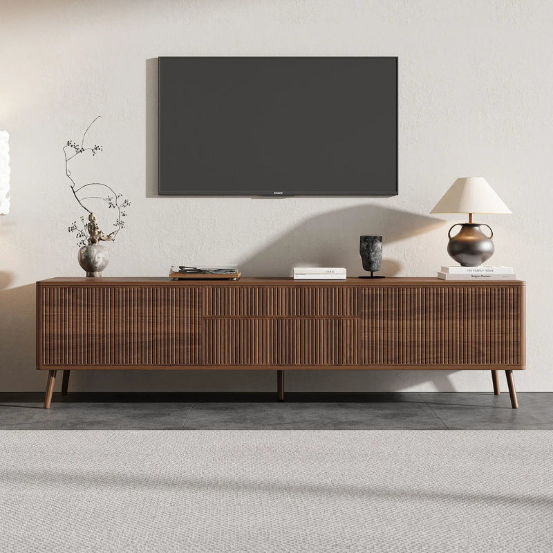 Fluted TV Stand With Storage Drawers And Cabinets For TVs Up To 80", Soft-Close Hinges, Cable Management - Walnut by HouseOfZazla