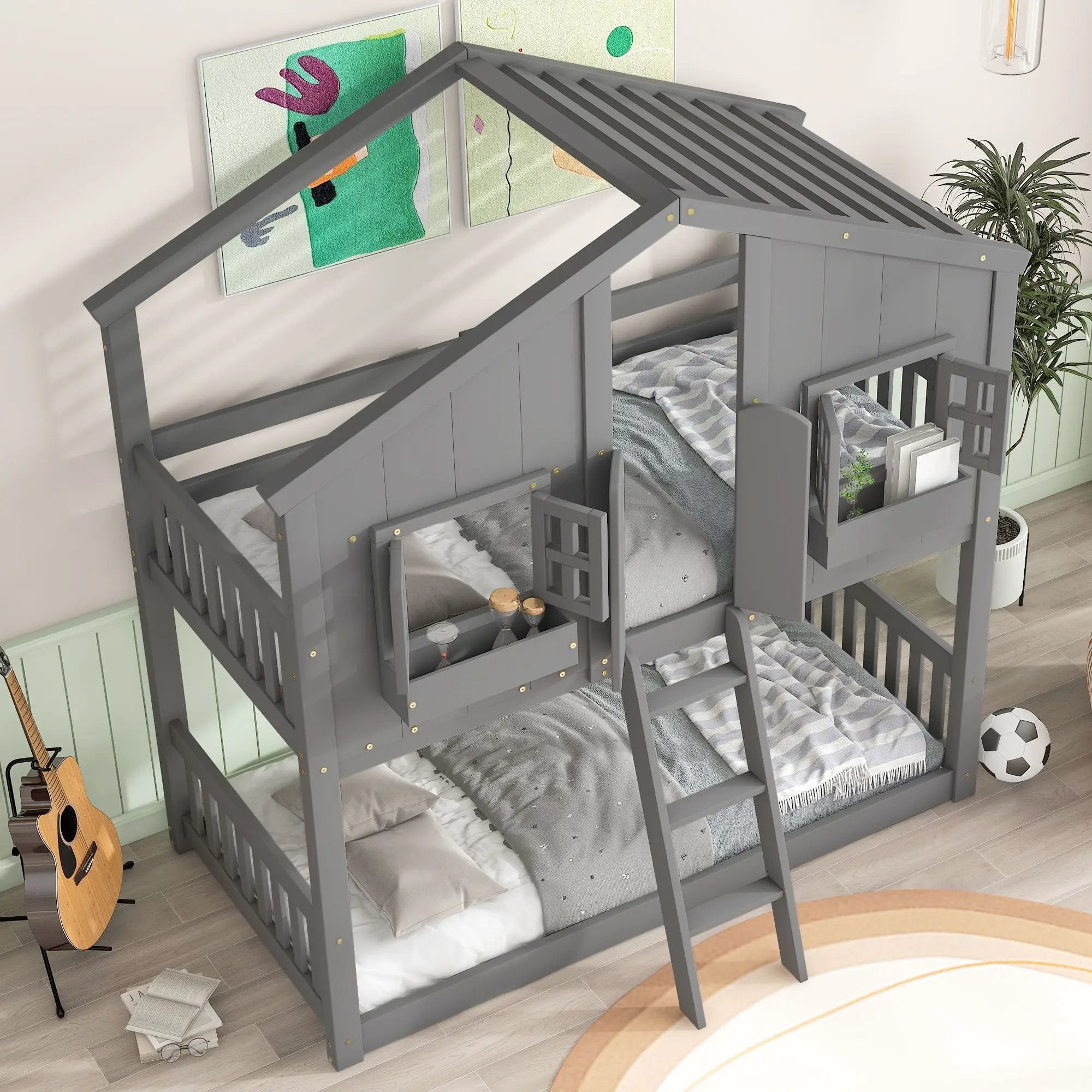 House Bunk Bed With Roof, Window, Window Box, Door, With Safety Guardrails And Ladder by HouseOfZazla