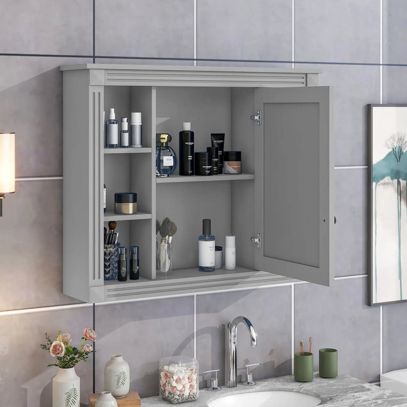 Wall Mounted Bathroom Storage Cabinet With Mirror, Cabinet With 6 Open Shelves And Adjustable Interior by Unique Piece Furniture