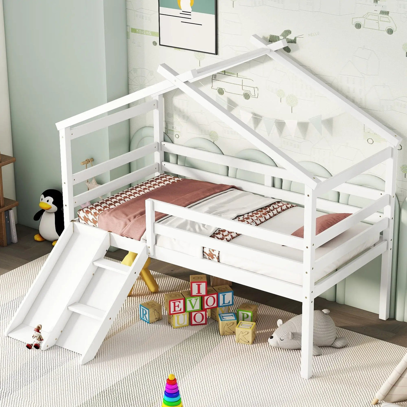 Low Loft House Bed With Slide, Ladder, Safety Guardrails, House Roof Frame by Unique Piece Furniture