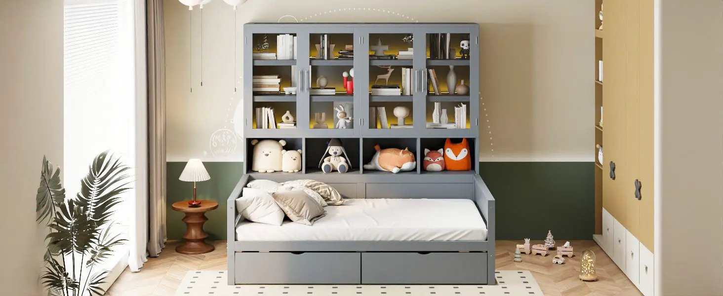 Daybed With Glass Door Storage Cabinets, Built In LED Lighting And Shelves by HouseOfZazla