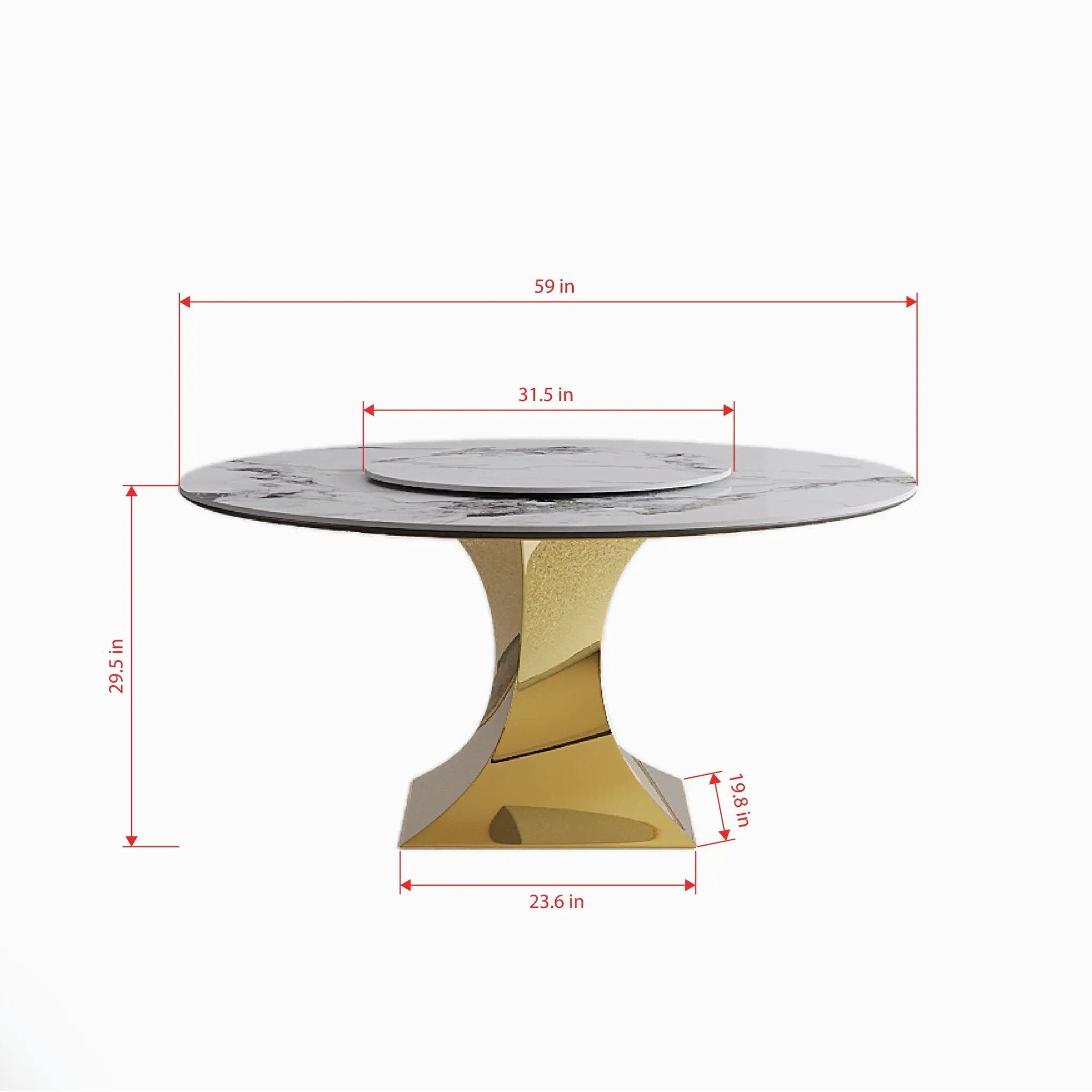 Luxury Round 59" Sintered Stone Dining Table With Stainless Steel Hourglass Base, Scratch & Heat Resistant Surface - Golden / White by Unique Piece Furniture