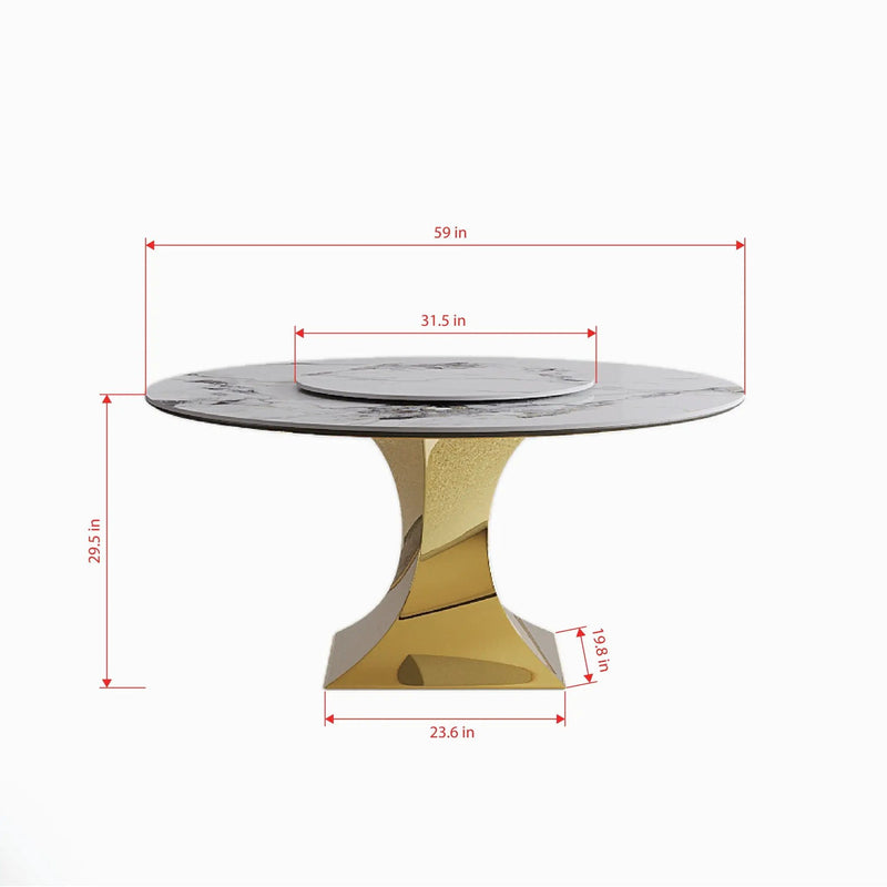 Luxury Round 59" Sintered Stone Dining Table With Stainless Steel Hourglass Base, Scratch & Heat Resistant Surface - Golden / White by HouseOfZazla