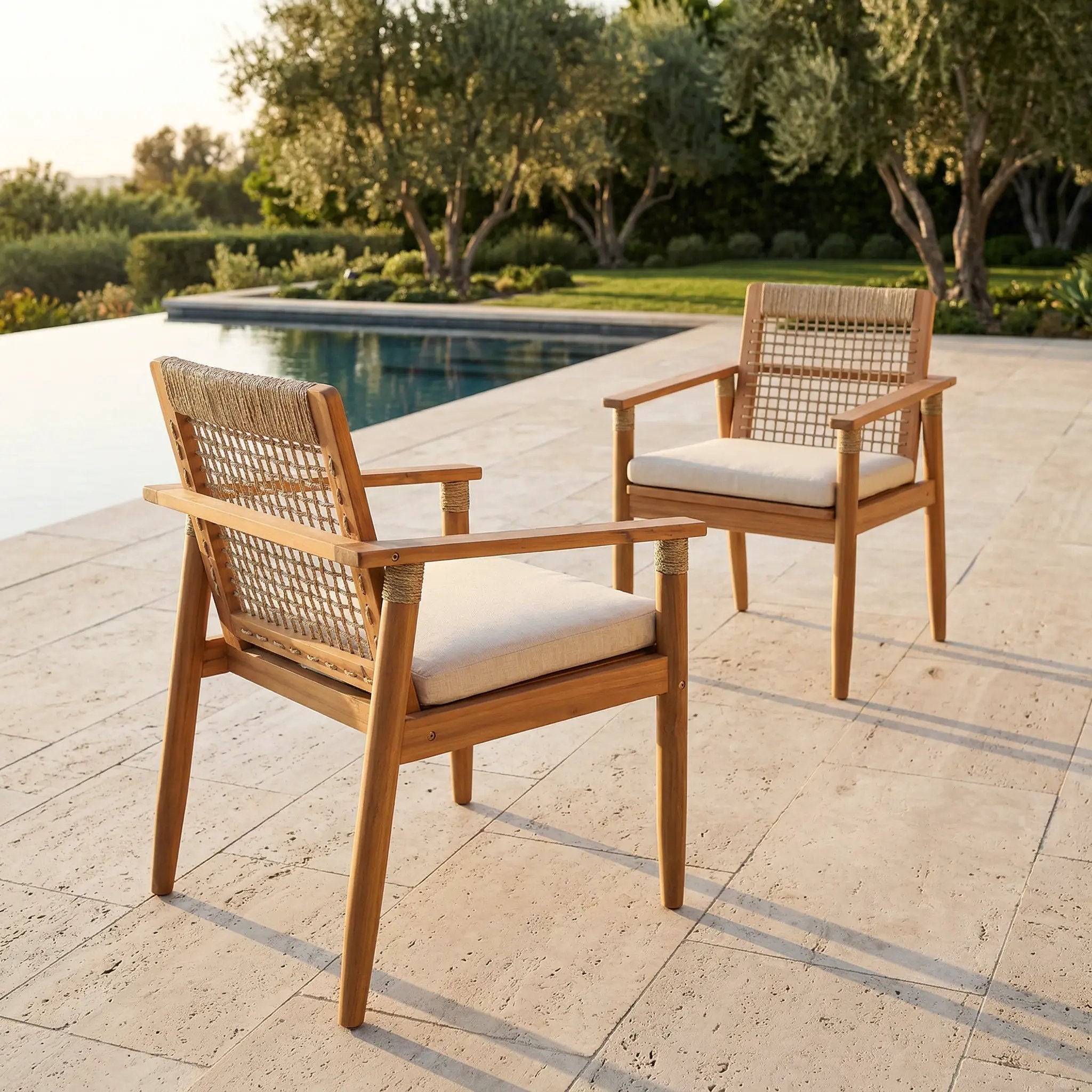 Outdoor Dining Chairs Set of 2 with Acacia Wood and Rope Design by HouseOfZazla