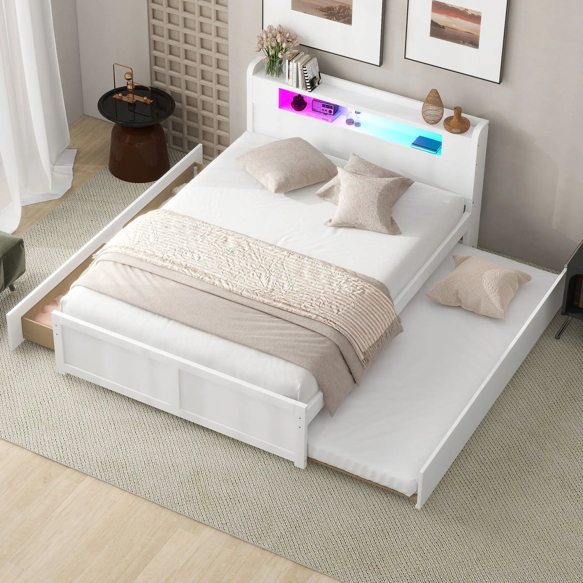 Storage Platform Bed With LED Lights, 2 Drawers And Trundle by Unique Piece Furniture