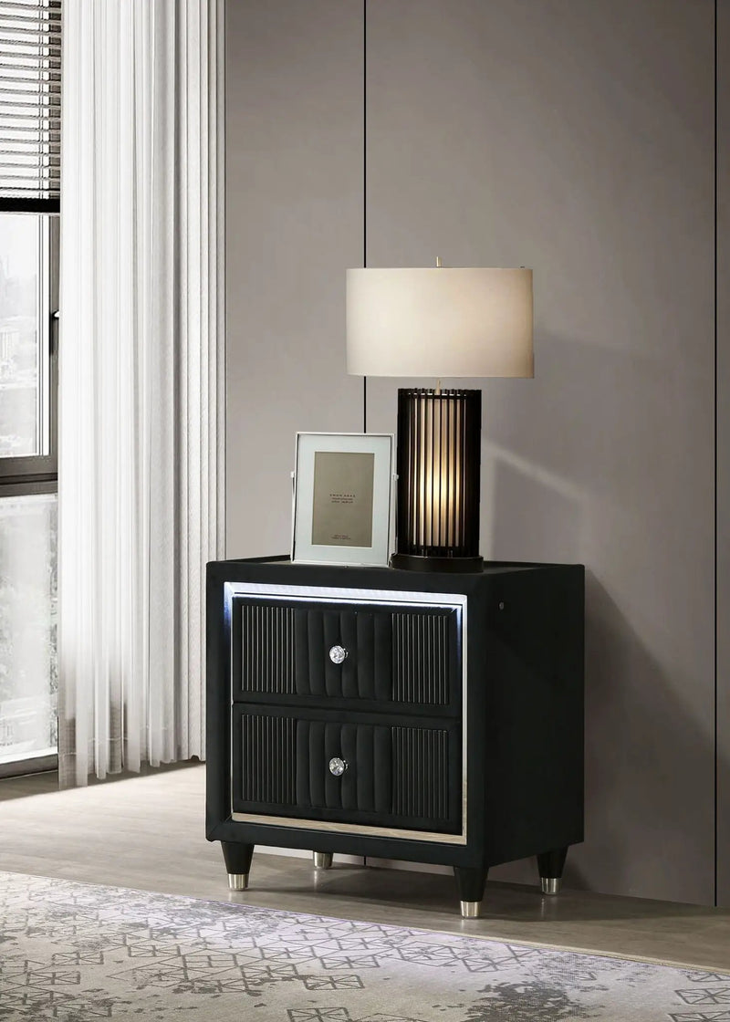 Ravenne 2-drawer Velvet Upholstered LED Nightstand with USB Black by Unique Piece Furniture