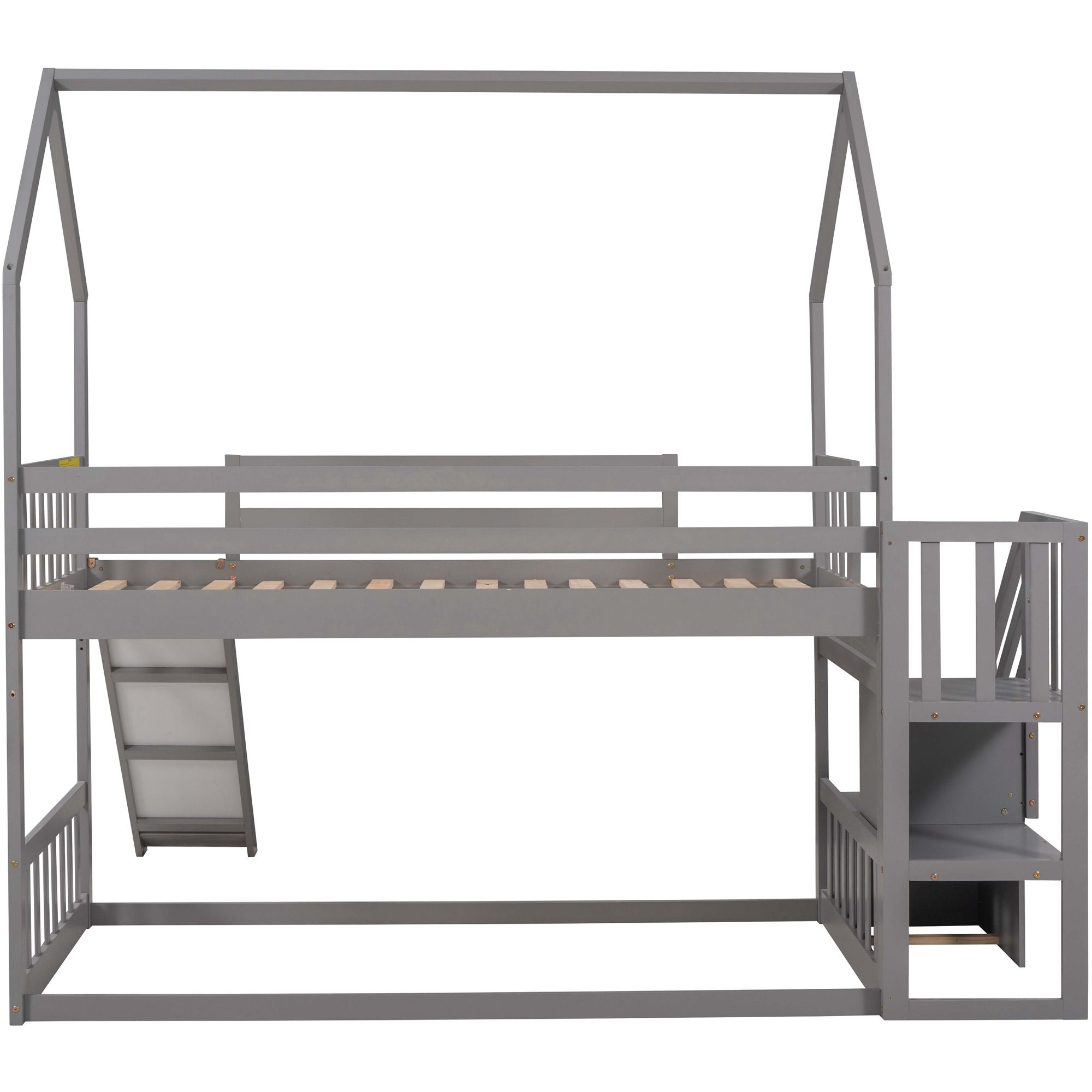 Twin Over Twin House Bunk Bed With Convertible Slide, Storage Staircase by HouseOfZazla