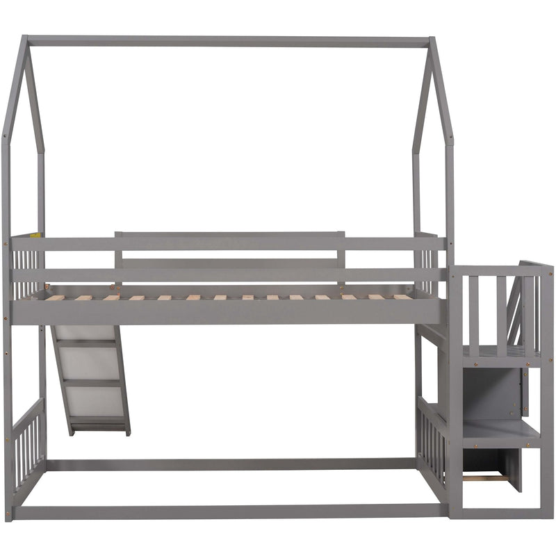 Twin Over Twin House Bunk Bed With Convertible Slide, Storage Staircase by HouseOfZazla