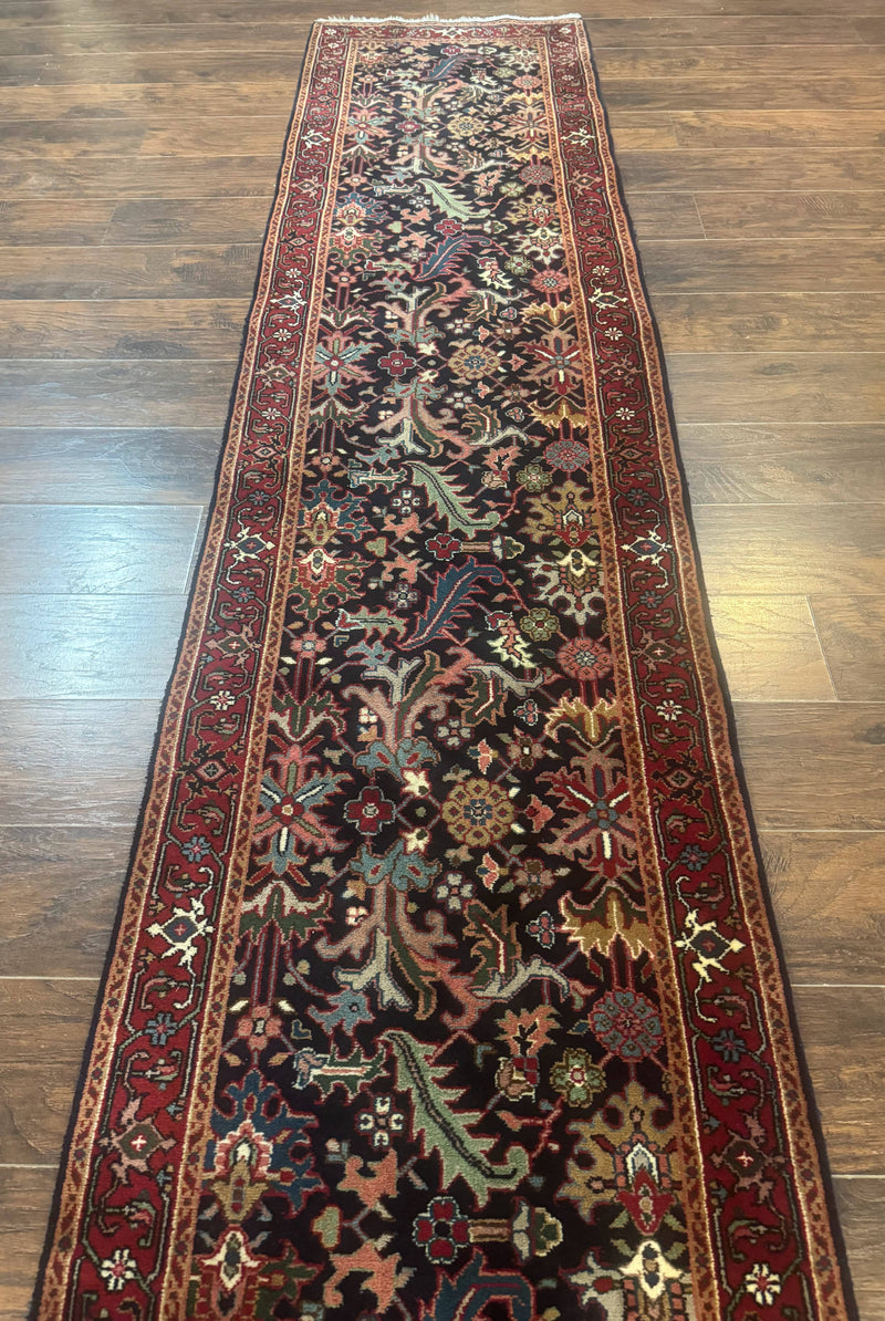 Indo Persian Runner Rug 2.7 x 13, Navy Blue and Red, Allover Floral, Wool, 13ft Runner by Jewel Rugs