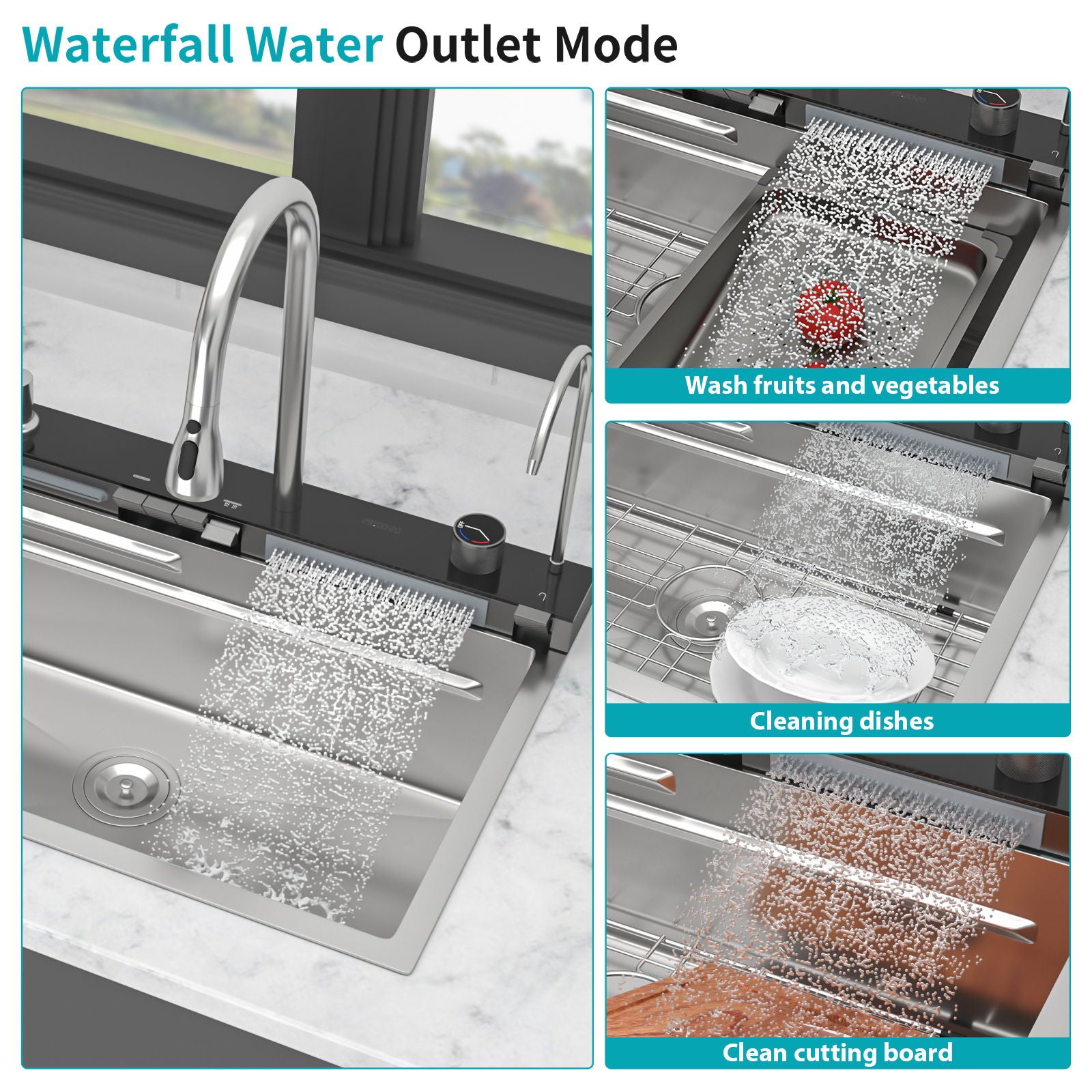 Kitchen Waterfall Sink Single Bowl With LED Faucet, Ledge Workstation, And Multi Function Pull Out Spray - Brushed Nickel by HouseOfZazla