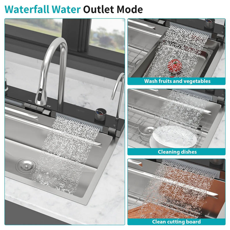 Kitchen Waterfall Sink Single Bowl With LED Faucet, Ledge Workstation, And Multi Function Pull Out Spray - Brushed Nickel by HouseOfZazla