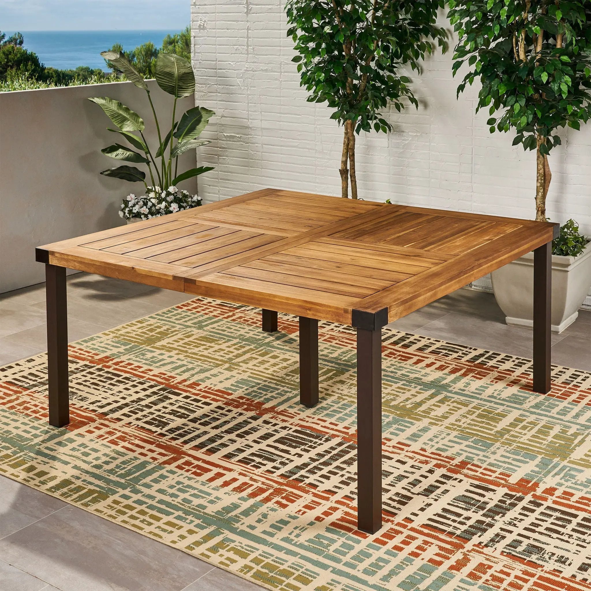 Lankershim Modern Industrial Dining Table With Acacia Wood Slat Design - Teak by HouseOfZazla
