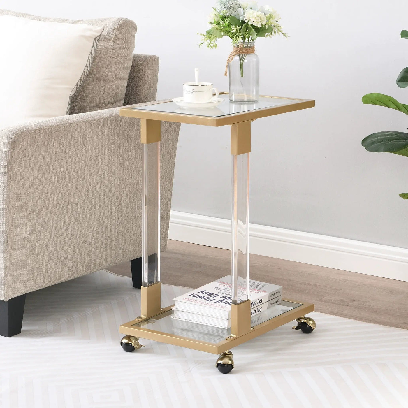 Side Table, Sofa Table, Glass Top C Shape Square Table With Metal Base For Living Room, Bedroom, Balcony Home And Office by Unique Piece Furniture