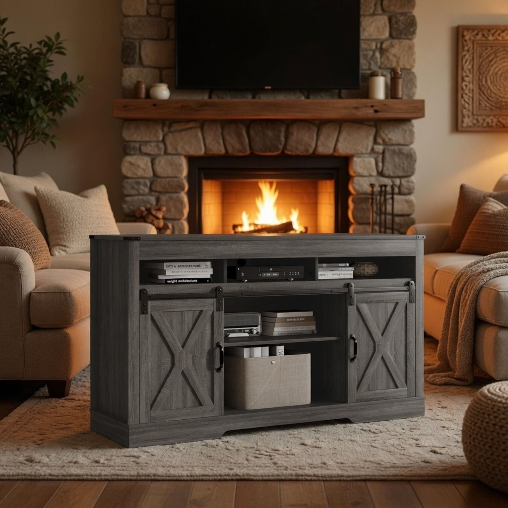 Farmhouse TV Stand With Sliding Barn Doors & Adjustable Storage by HouseOfZazla