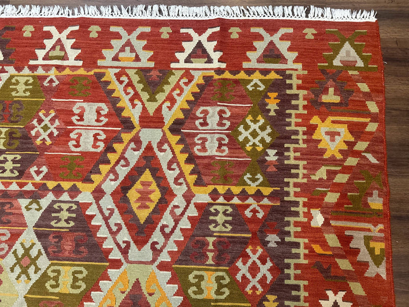 Turkish Kilim Rug 8x10, Geometric Design, Large Kilim Carpet by Jewel Rugs