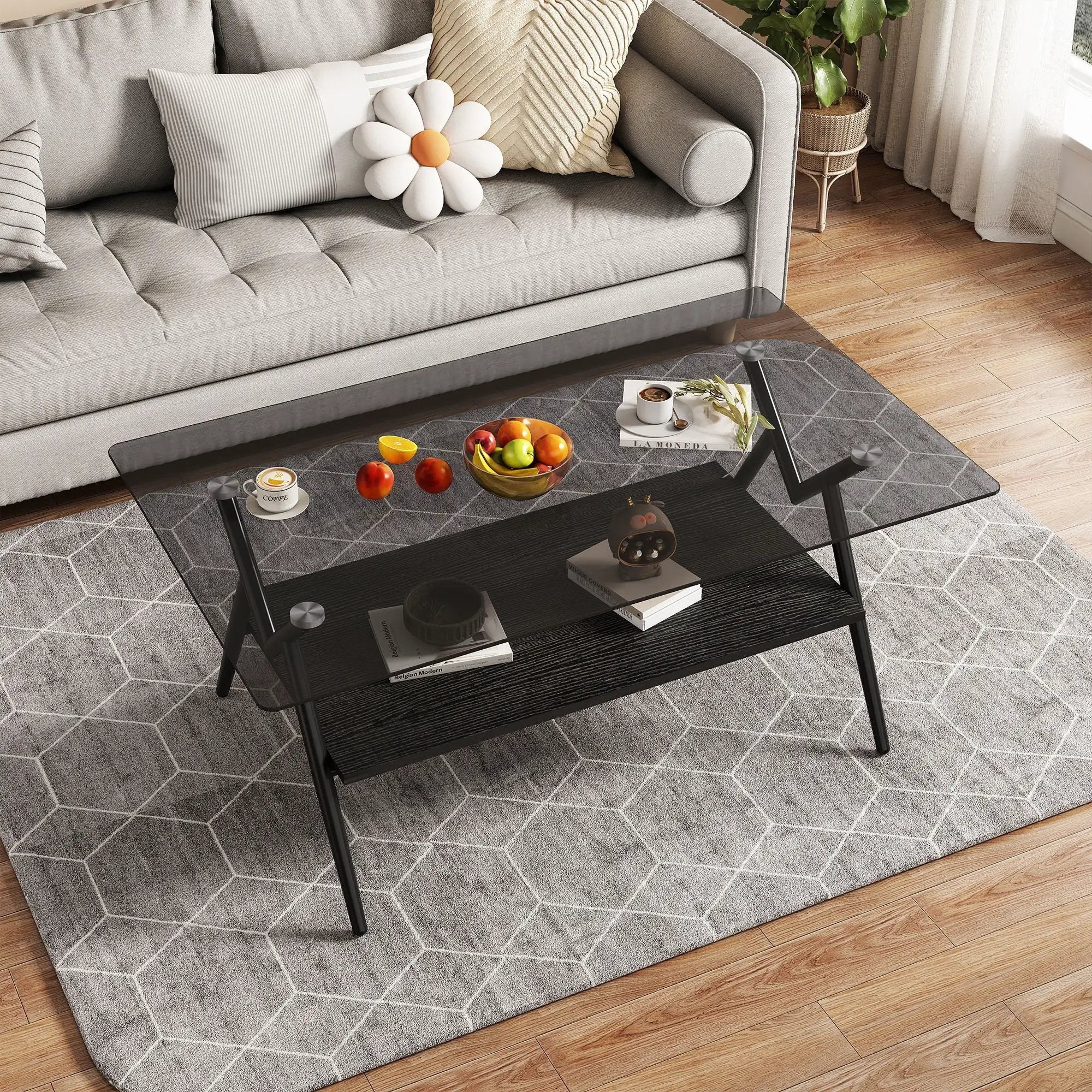 Rectangle Coffee Table With Tempered Glass Top And Shelf, Modern Table For Living Room by Unique Piece Furniture