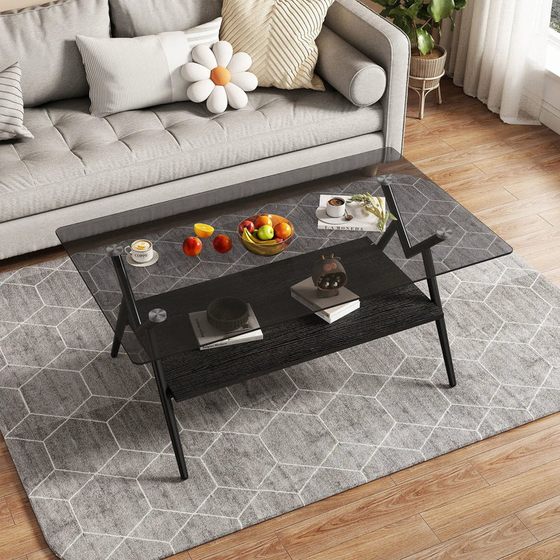 Rectangle Coffee Table With Tempered Glass Top And Shelf, Modern Table For Living Room by Unique Piece Furniture